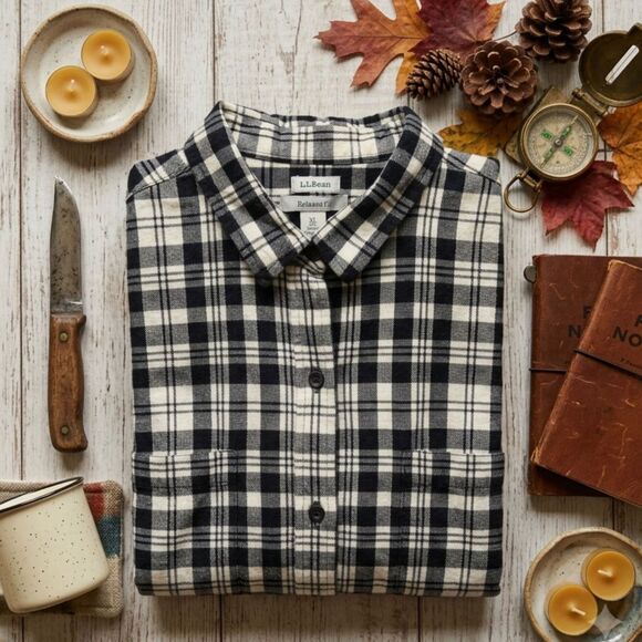 L.L. Bean Other - LL Bean Flannel Shirt XL Black White Plaid Cotton Button Down Long Sleeve Cabin